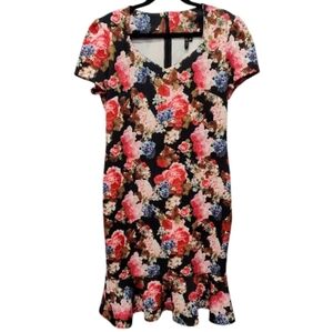 "Miusol" Floral Black & Red Cap Sleeve Ruffle Hem Dress Size 2XL